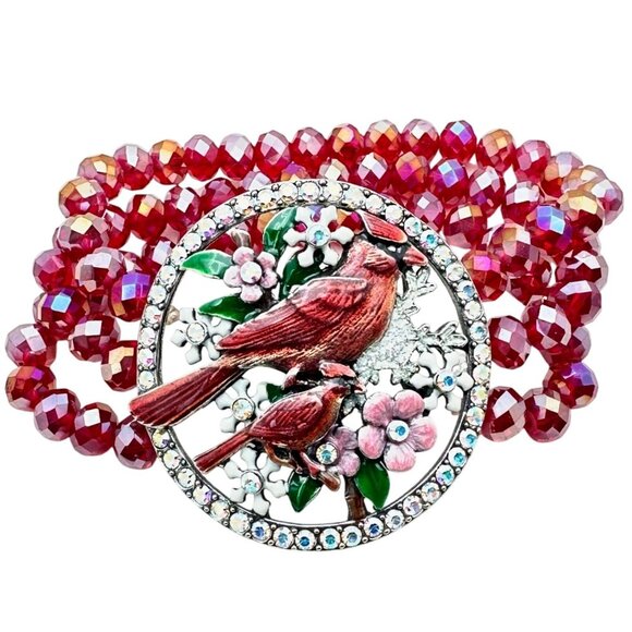 Kirks Folly Womens Bracelet Red Bird Cardinal Silver Tone Crystal - Picture 1 of 3